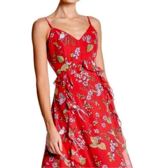 Nanette Lepore Sleeveless Maxi Dress Sz 6 Red Chiffon Floral Hummingbird Print - Picture 3 of 15